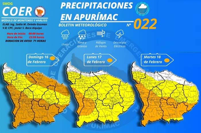 Alerta naranja: se registrarán intensas precipitaciones pluviales del 16 al 18 de febrero en toda la región